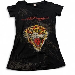 Rare Y2K Vintage Ed Hardy Black T-Shirt with Bling Tiger Design XL